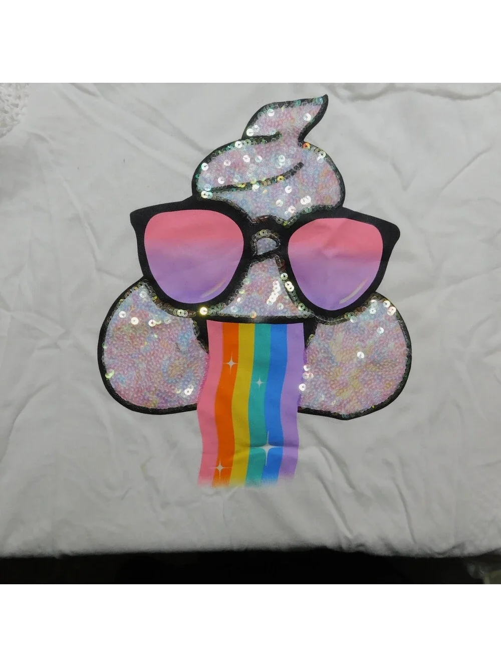 The Childrens Place Girls Shirt Medium 7/8 White Poop Emoji Sequin Rainbow Top